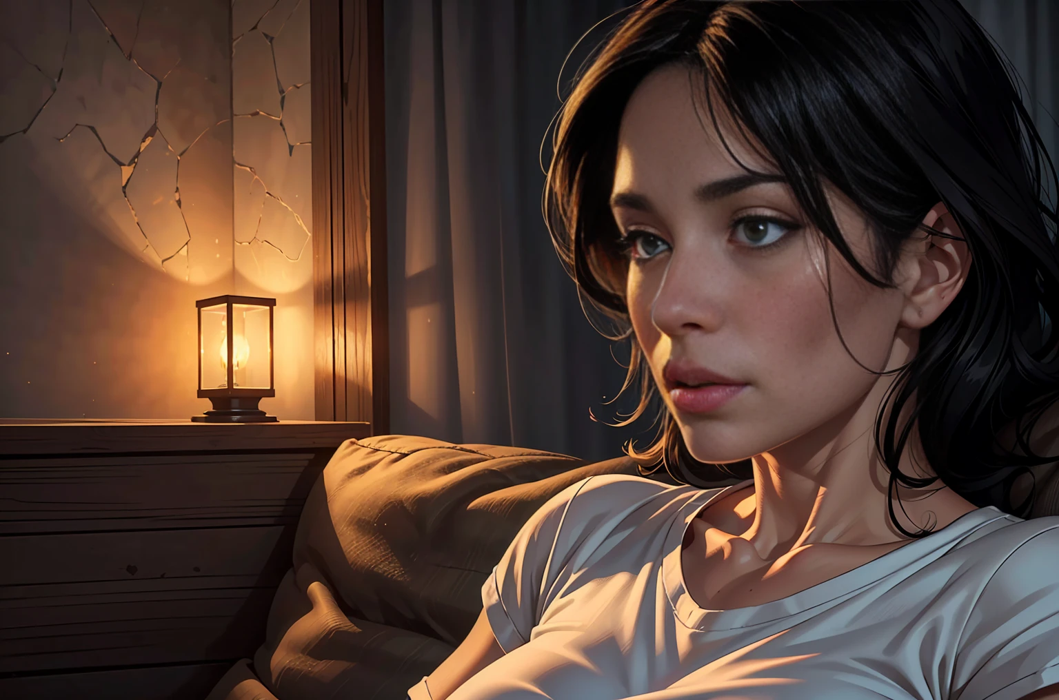 (best quality:1.2,realistic:1.37),(1 girl,40 years old),(detailed eyes),(detailed lips),(black hair),(short),(no t-shirt),(cozy ambience),(soft lighting),(tranquil ambiance)