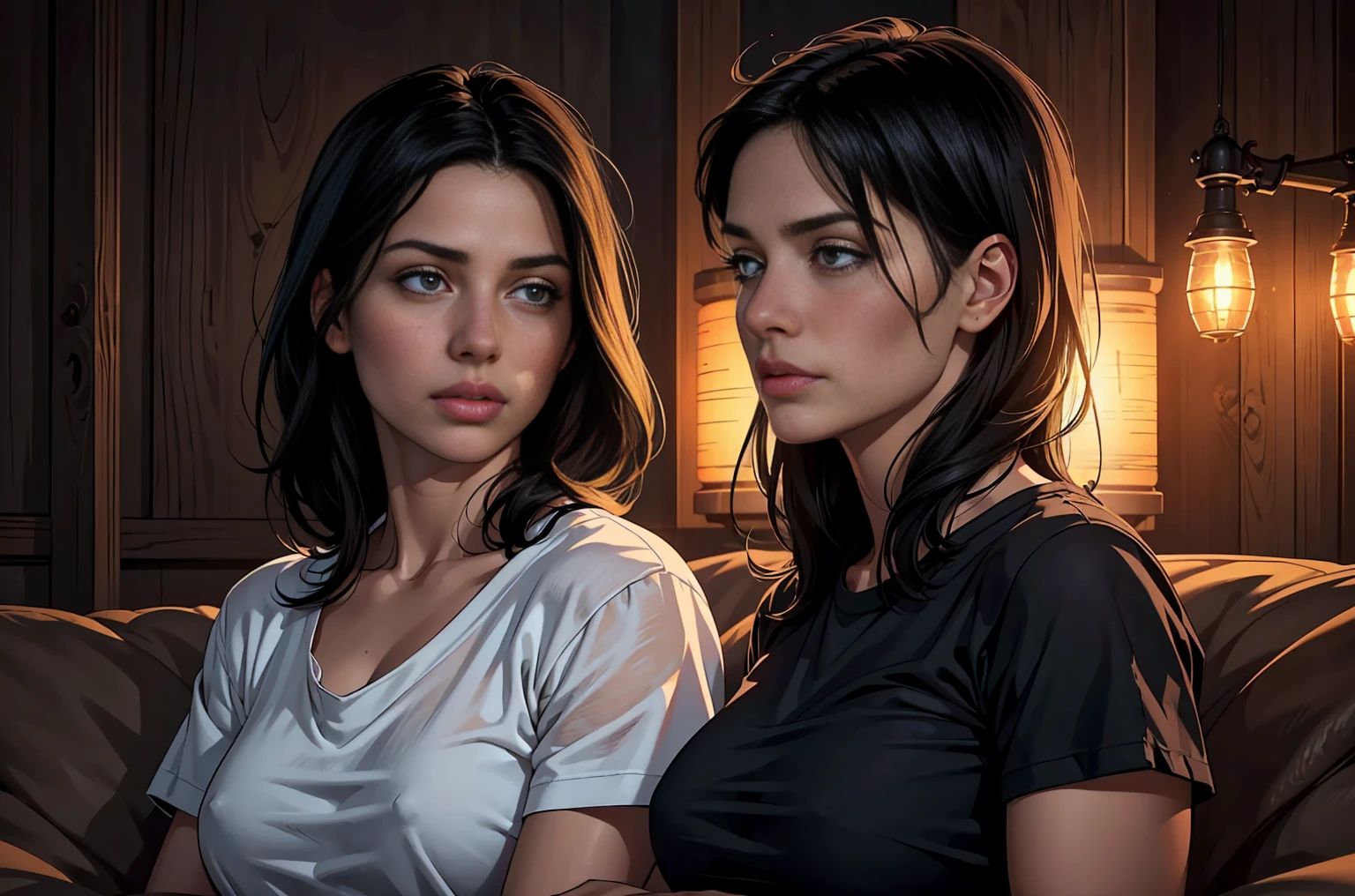 (best quality:1.2,realistic:1.37),(1 girl,40 years old),(detailed eyes),(detailed lips),(black hair),(short),(no t-shirt),(cozy ambience),(soft lighting),(tranquil ambiance)