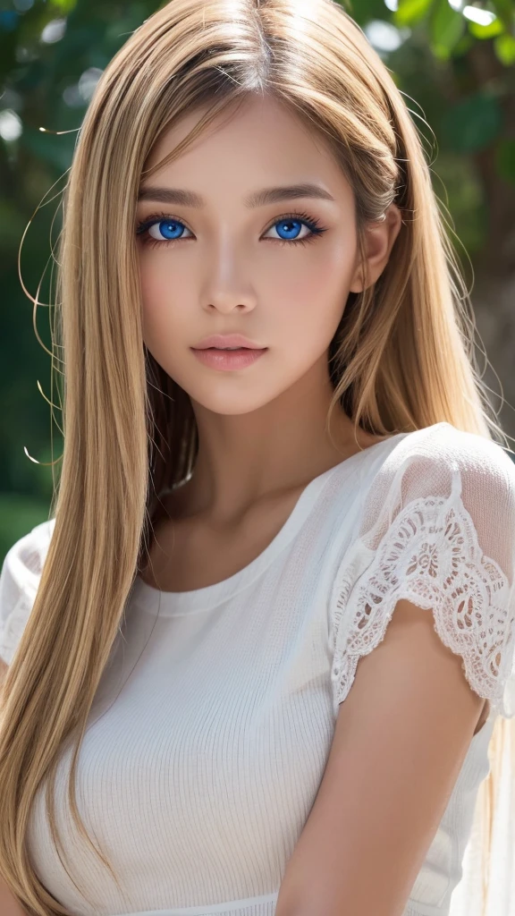 enfoque facial, loco por el amor, , vestido de verano con volantes, Chica escandinava rubia extremadamente hermosa, Absolutamente hermoso, beautiful shiny super long hair, liso, rubio y sedoso、flequillo rubio encima de los ojos、pelo rubio encima de un ojo、rubia entre los ojos、Hay un escote en el pecho., arm behind head, Bajo contraste, (shy and bright look:0.8), coletero para el cabello, mejor calidad, Ultra high resolution, foto realista, super detailed, 8k, foto cruda, perfect anatomy、muy hermoso, brillante, Ojos grandes de color azul claro muy brillantes.、ojos muy grandes、small face beauty