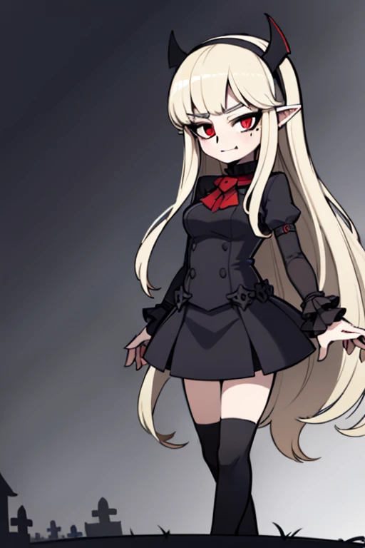 1girl, best quality, high quality, (masterpiece), perfect face, detailed face, 1girl, pale skin, young, vampire, fang, long hair, wavy hair, blonde hair, red eyes, pointy ears, black hairband, black dress, gothic dress, elegant dress, black mary janes, graveyard, fog, night,