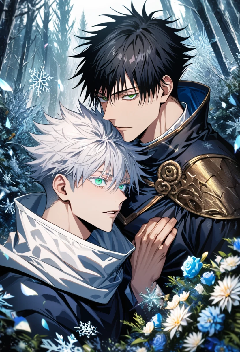 Ultra detailed, high-res, absurdres, HDR, Gojou Satoru, white hair with bangs, white eyelashes, blue eyes, Jujutsu Kaisen, Fushiguro Megumi, black hair, green eyes, ice forest, snowflakes, petals and flowers, two men together, gay couple, handsome, fantasy clothes,
