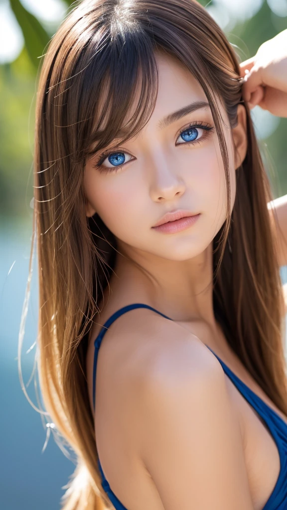 enfoque facial, loco por el amor,  14 years old , vestido de verano con volantes,  Chica escandinava rubia extremadamente hermosa,  Absolutamente hermoso, beautiful shiny super long hair, liso, rubio y sedoso、flequillo rubio encima de los ojos、pelo rubio encima de un ojo、rubia entre los ojos、Hay un escote en el pecho., arm behind head,   Bajo contraste, (shy and bright look:0.8), coletero para el cabello,  mejor calidad, Ultra high resolution, foto realista, super detailed, 8k, foto cruda, perfect ???????、muy hermoso, brillante, Ojos grandes de color azul claro muy brillantes.、ojos muy grandes、small face beauty