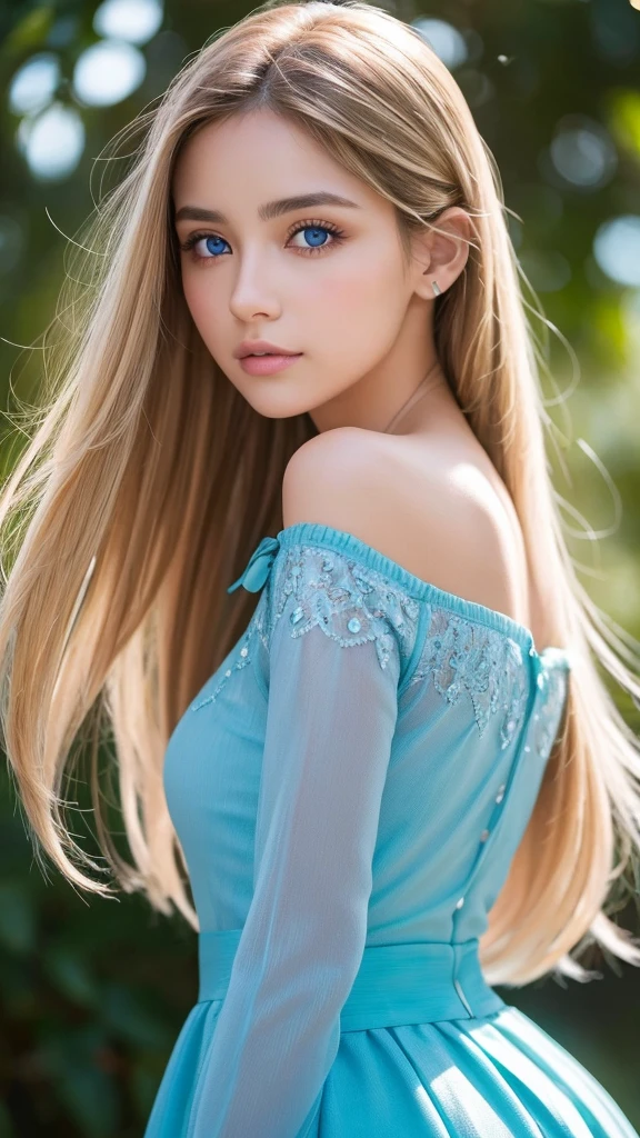 enfoque facial, loco por el amor, 14 years old , vestido de verano con volantes, Chica escandinava rubia extremadamente hermosa, Absolutamente hermoso, beautiful shiny super long hair, liso, rubio y sedoso、flequillo rubio encima de los ojos、pelo rubio encima de un ojo、rubia entre los ojos、Hay un escote en el pecho., arm behind head, Bajo contraste, (shy and bright look:0.8), coletero para el cabello, mejor calidad, Ultra high resolution, foto realista, super detailed, 8k, foto cruda, perfect anatomy、muy hermoso, brillante, Ojos grandes de color azul claro muy brillantes.、ojos muy grandes、small face beauty