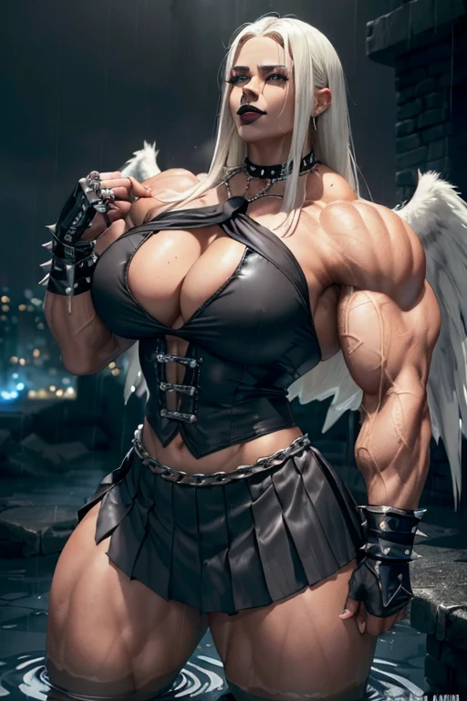 ((((Massive, tall, beautiful, buff, light brown skinned muscular woman with white hair, black lipstick, ginormous bulky muscles, black angel wings and wearing a black gothic blouse with pleated skirt and tie)))), close view, (black lipstick), massive muscle, massive biceps, hyper muscle shoulders, (ginormous muscle arms), hyper muscle triceps, (long hair), blue eyes, choker, (chain belt), black boots, (spiked gauntlets), (fingerless gloves), (in a dark destroyed rainy flooded city), evil smile, night, hyper vascular arm, hyper muscles arms, hyper muscle legs, (ginormous arms).