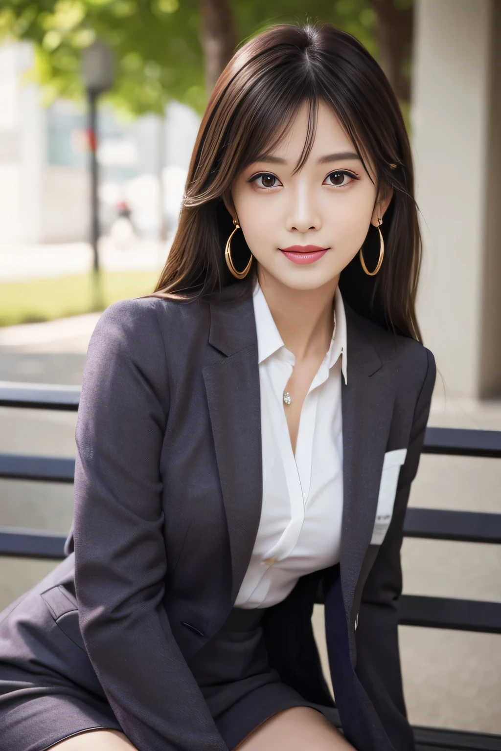 1 female), beautiful, Great face and eyes, compensate, (Very detailedbeautiful顔), Captivating smile, (highest quality:1.4), (Super detailed), (very detailed CG integrated 8k wallpaper), Very detailed, RAW Photos, Professional photography, (Dark purple suit, White mini skirt:1.2), (A business shirt with a wide open chest), long light brown unkempt hair、Big earrings、Sitting on a bench、