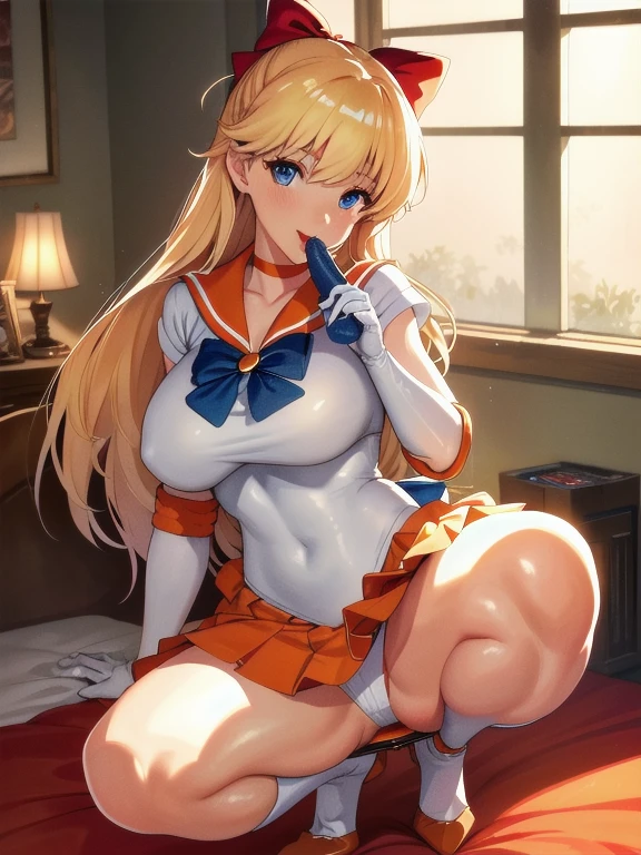 masterpiece, highest quality, High resolution, SV1, One girl, Sailor Warrior Uniforms, Big Breasts,Big Breasts, smile, Open your mouth, Orange Skirt, Elbow hand pockets, tiara, Orange sailor collar, Red Bow, Orange Choker, White gloves, jewelry,smile, I will polish, From below, Panty shot, love juice, squatting on bed, white leotard, Decorative textiles, Leather texture, Dramatic lighting, Cinematic shots, atmosphere, Depth of written boundary, Comic book style, watercolor style, floating hair, Left skirt lift, Shiny Hair, bed, bedroom, (((Sitting and giving a blowjob with her right hand))),whole body,Detailed hand,Five fingers,thin fabric costume