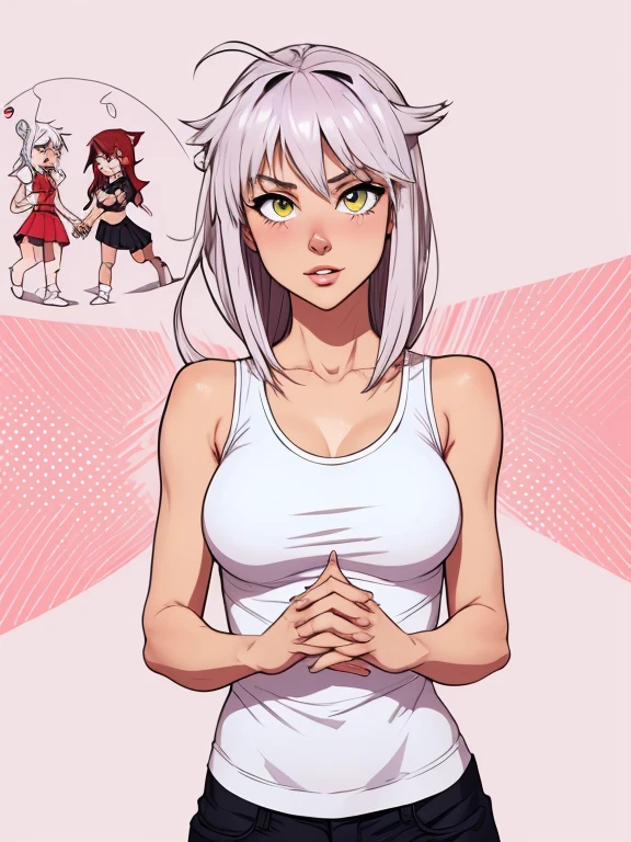 Angelica - Fate/Kaleid Liner Prisma Illya style Cartoon style digital illustration colorful background diverse attractive woman sesy beautiful breasts and clothes white tank top in symmetrical hands with five female human fingers beautiful breasts in Cartoon style digital illustration