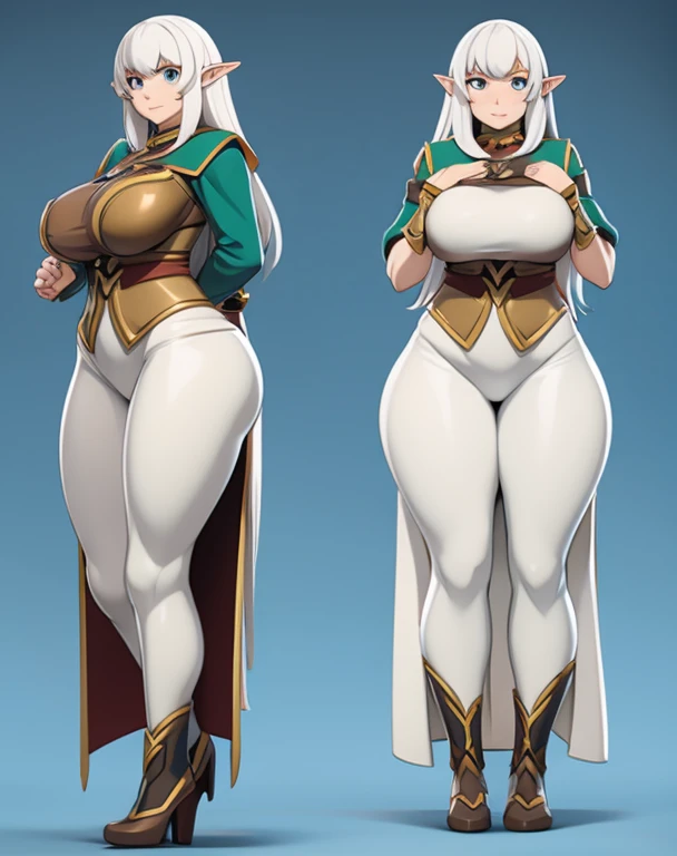 Anime woman, elf, long white hair, fantasy clothes, full body, front and back, curvy, big breasts, thick thighs, big ass, wide hips, 3d rendering