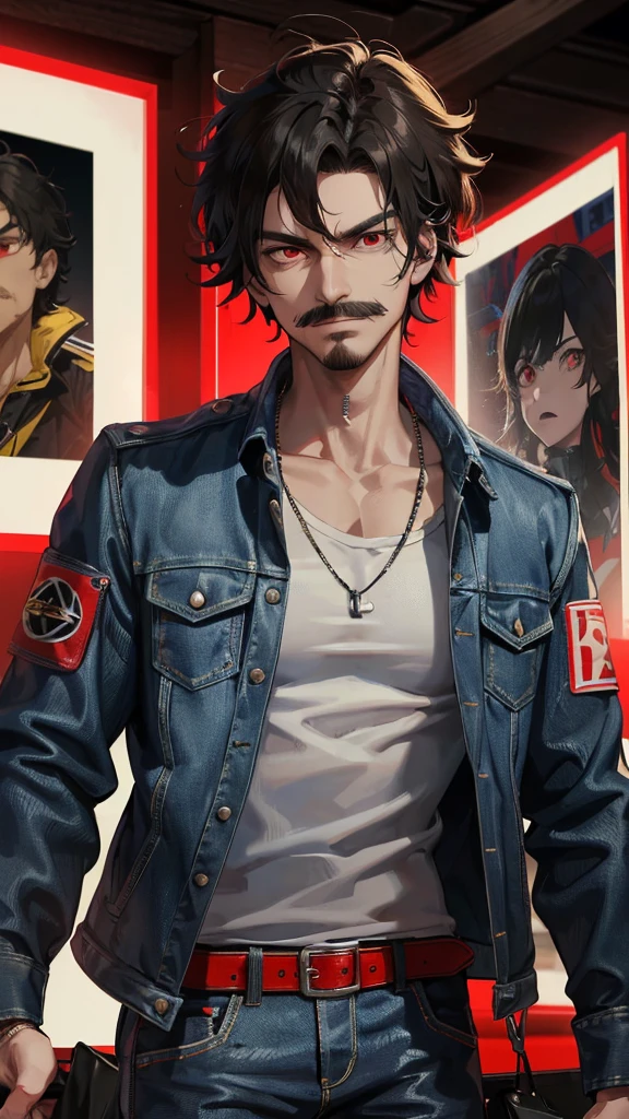 1guy with mustache,with black puffy hair and a street style, wearing a denim jacket poster, red glowing energy around him, smirking, mischief, red eyes (absurdres, highres, ultra detailed, HDR), masterpiece, best quality, epic