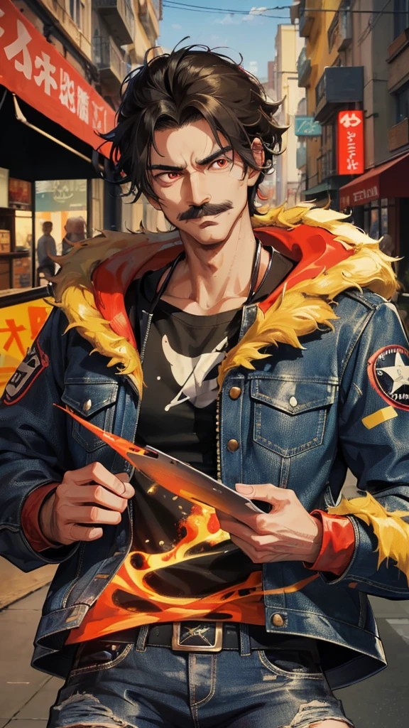 1guy with mustache,with black puffy hair and a street style, wearing a denim jacket poster, red glowing energy around him, smirking, mischief, red eyes (absurdres, highres, ultra detailed, HDR), masterpiece, best quality, epic