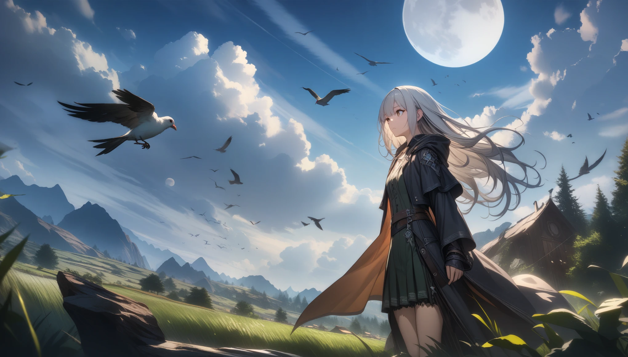 32k, best quality, ultra high res, HDR, UHD, extremely detailed CG, unity 32k wallpaper, highest quality, Very detailed, masterpiece, Super detailed, cloud, witch_Have, Have, 1 Girl, null, green_null,Day, length_hair, cloudy_null, moon,bird, alone, Silver_hair, witch, Outdoor,