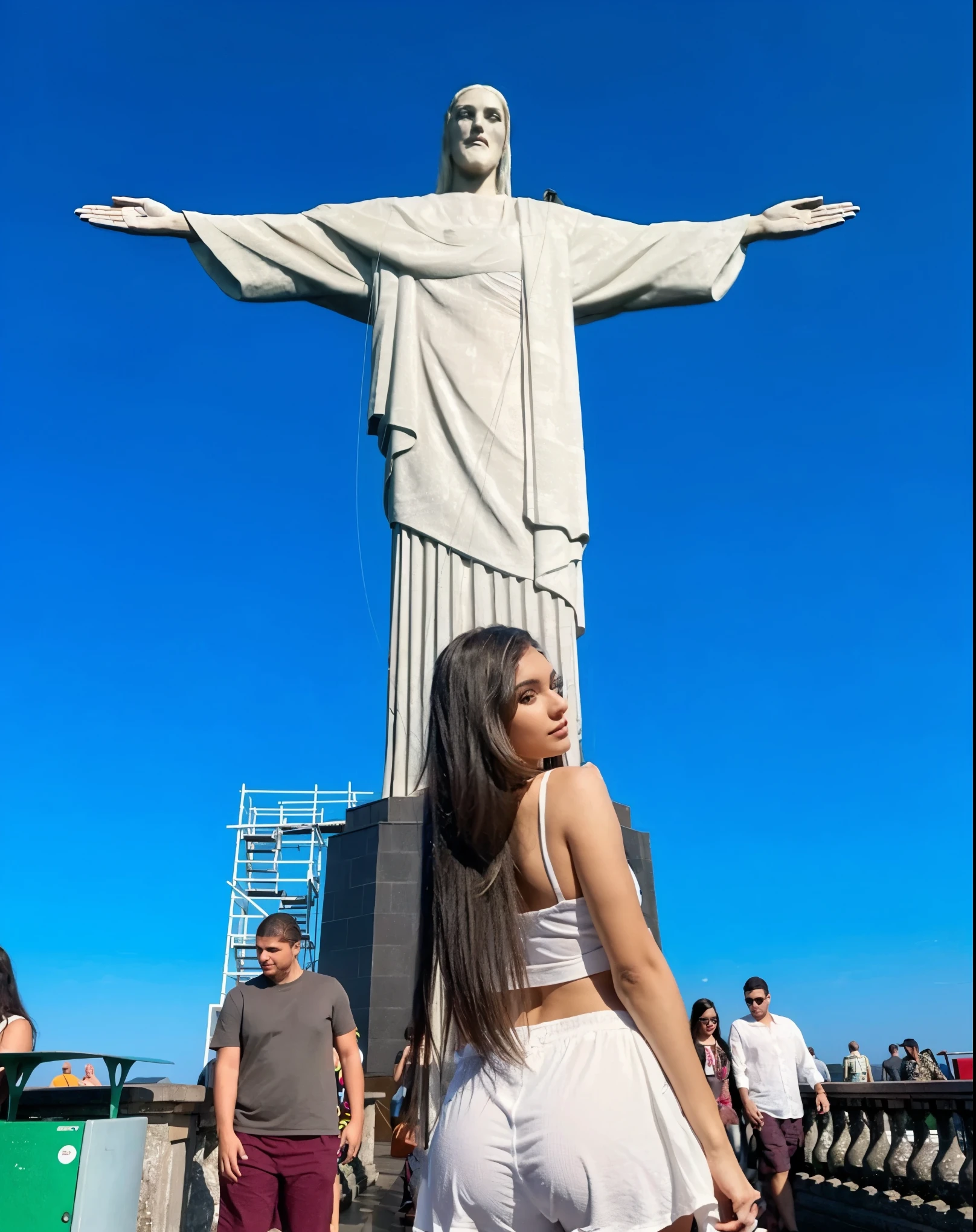 statue of real naked woman in plaster, full body, nice buttocks, white color, blue sky, white eyes