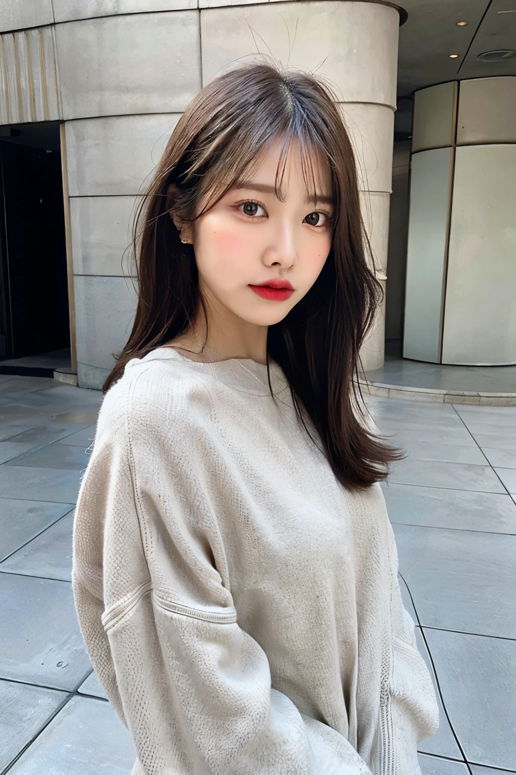 highest quality, 1 beautiful woman, 28 years old, s, 35mm lens, debt/1, Cowboy shot, Concrete Background、Tile Background、Perm Hair、sweat shirt、Dark brown