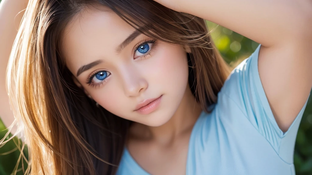 Beautiful white girl with nude lips looks to the camera. Stunning brunette girl. Young beautiful woman with a healthy clean skin. Symmetric face, symmetric eyes. Pretty woman with bright makeup of eyes.