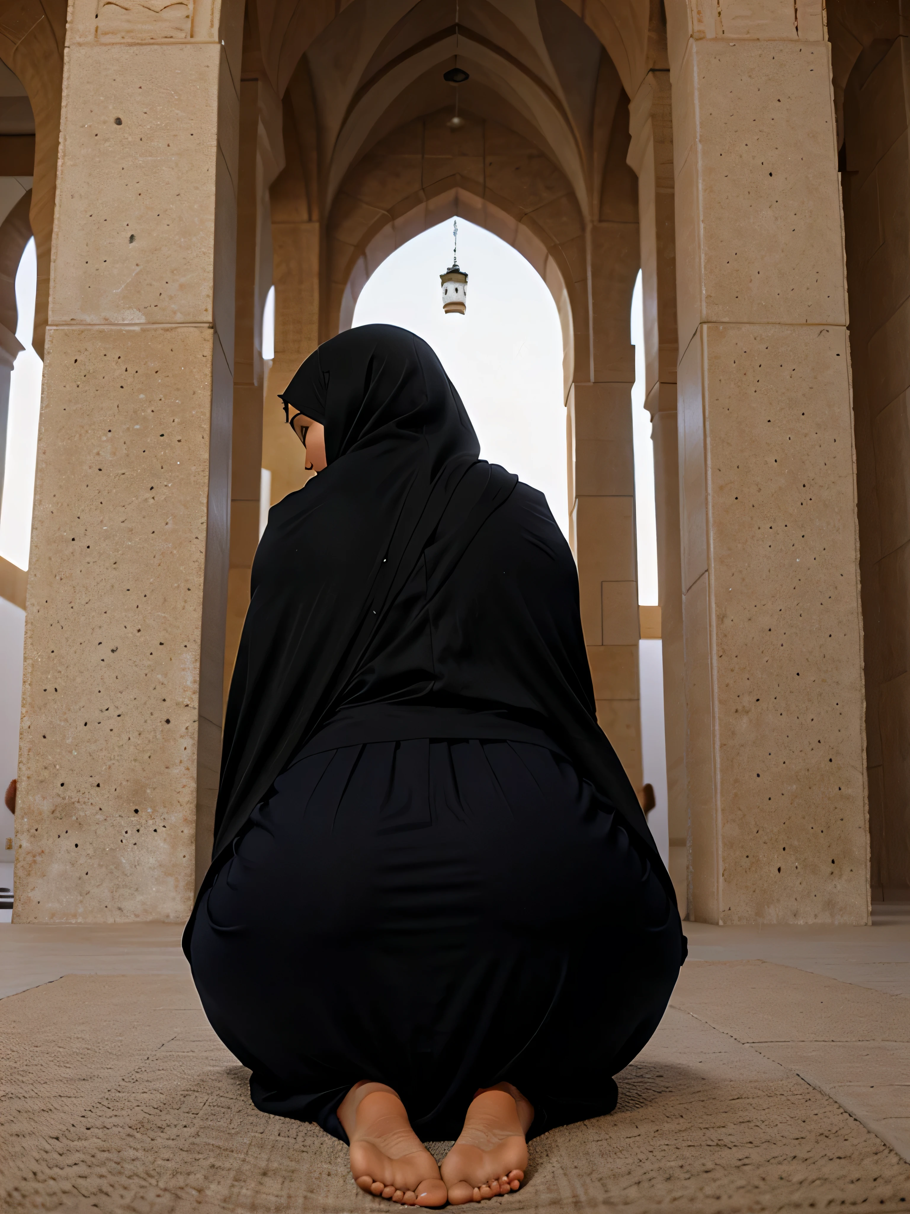 (realistic), (high quality), Arabic woman in hijab and niqab praying at a mosque on her knees, rear view