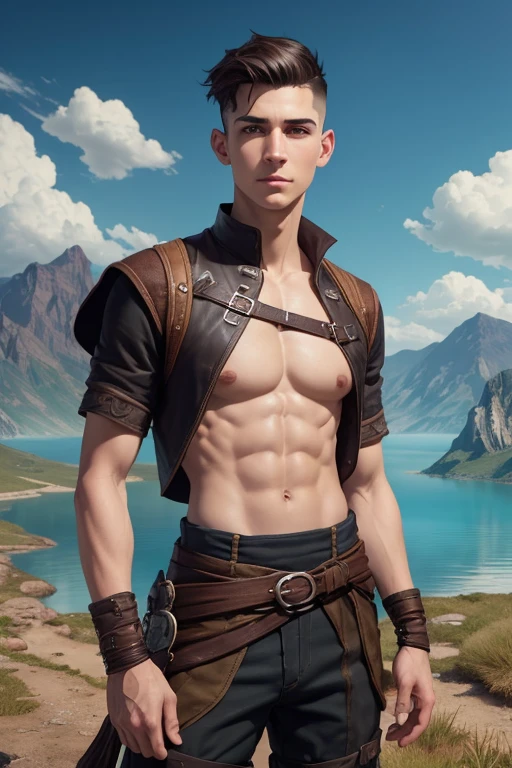 A happy young man with an undercut in a fantasy setting. An adventurer and ranger. Very androgynous looking. In a good mood. Shirtless smooth skinny chest. Androgynous. Slim body. Very . Thin waist, Face: Extremly pale skin with liverspots and freckles. Soft narrow face with a round chin. Soft small jaw. Big forehead. Upturned big dark-brown eyes. Dark-brown eyecolour. Very long and wide nose. Big curved lips. Very short dark-brown hair. A boyish face. short haircut Undercut. Sides shaved. A tight fantasy outfit of a lonley ranger and adventuerer. Background: Wide colourful plains. A big lake. Shiny blue sky. Wonderful weather. 