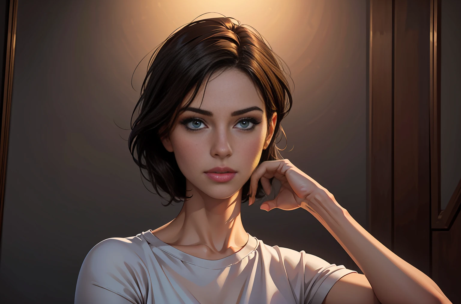 A tranquil ambiance with soft lighting sets the stage for a masterpiece in high-quality, realistic art. The focal point of the painting is a 40-year-old woman with detailed eyes and lips, complemented by her black, short hair. She is wearing a comfortable t-shirt, adding a touch of casual elegance to the scene. The cozy ambience creates a sense of tranquility and peace, immersing the viewer in a serene atmosphere. The lighting further enhances the mood, casting a soft glow that gently illuminates the woman's features. The attention to detail in this artwork is extraordinary, capturing every nuance with precision and depth. The overall effect is a captivating and lifelike portrayal of the woman, drawing the viewer into the painting.