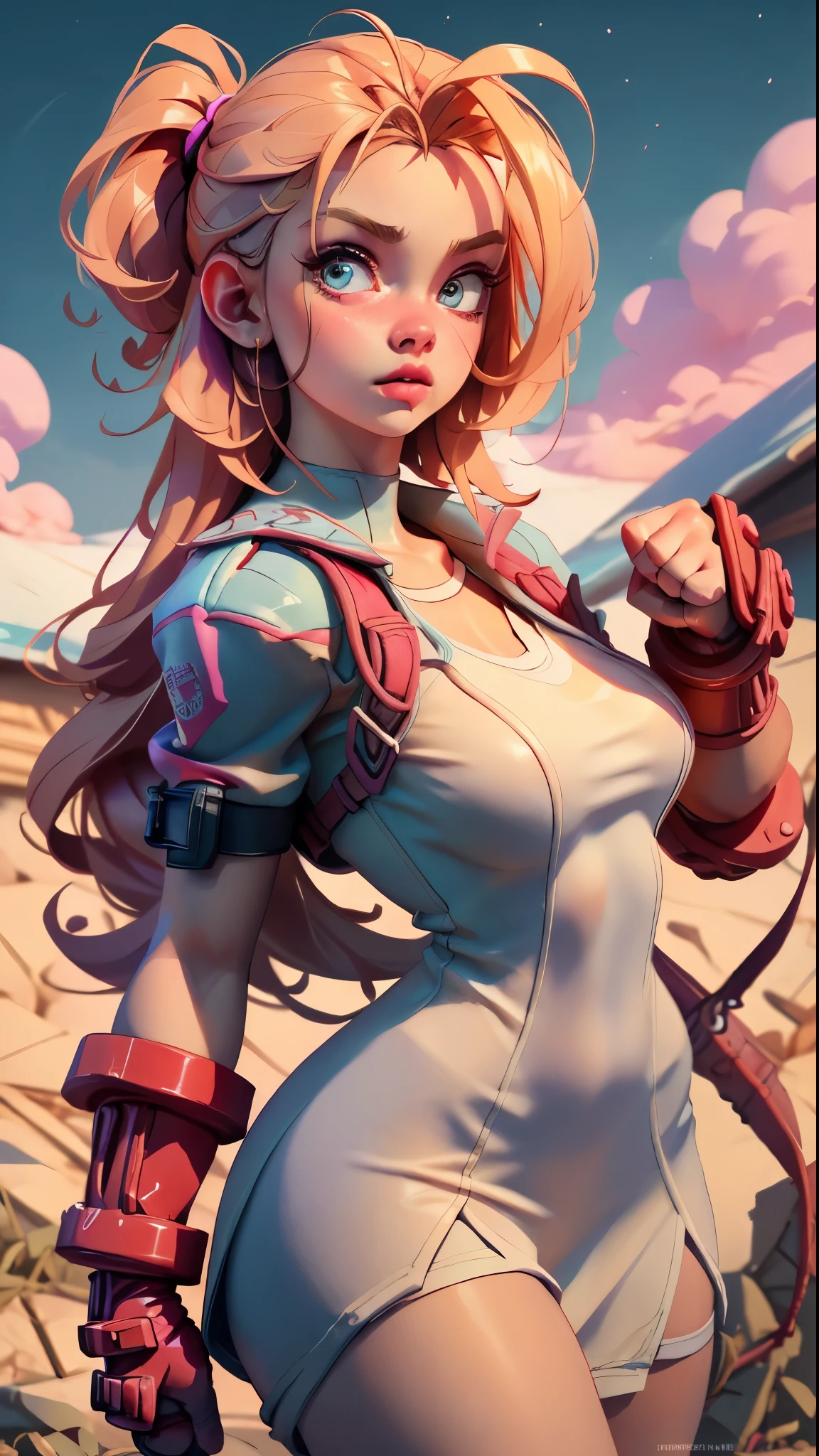 4k, realistic, charismatic, very detailed, there is a girl(17 years old, big breasts),pink theme, full body, on kneews looking up with toungue out, 4k, high detail. masterpiece, best quality, spring outfit, colorful hair, outdoor, magazine cover ,whole body, ((Cammy)) Cammy of street fighter. good hands, big breast, sweat skin, cammy white, EnvyBetterHands LoCon.