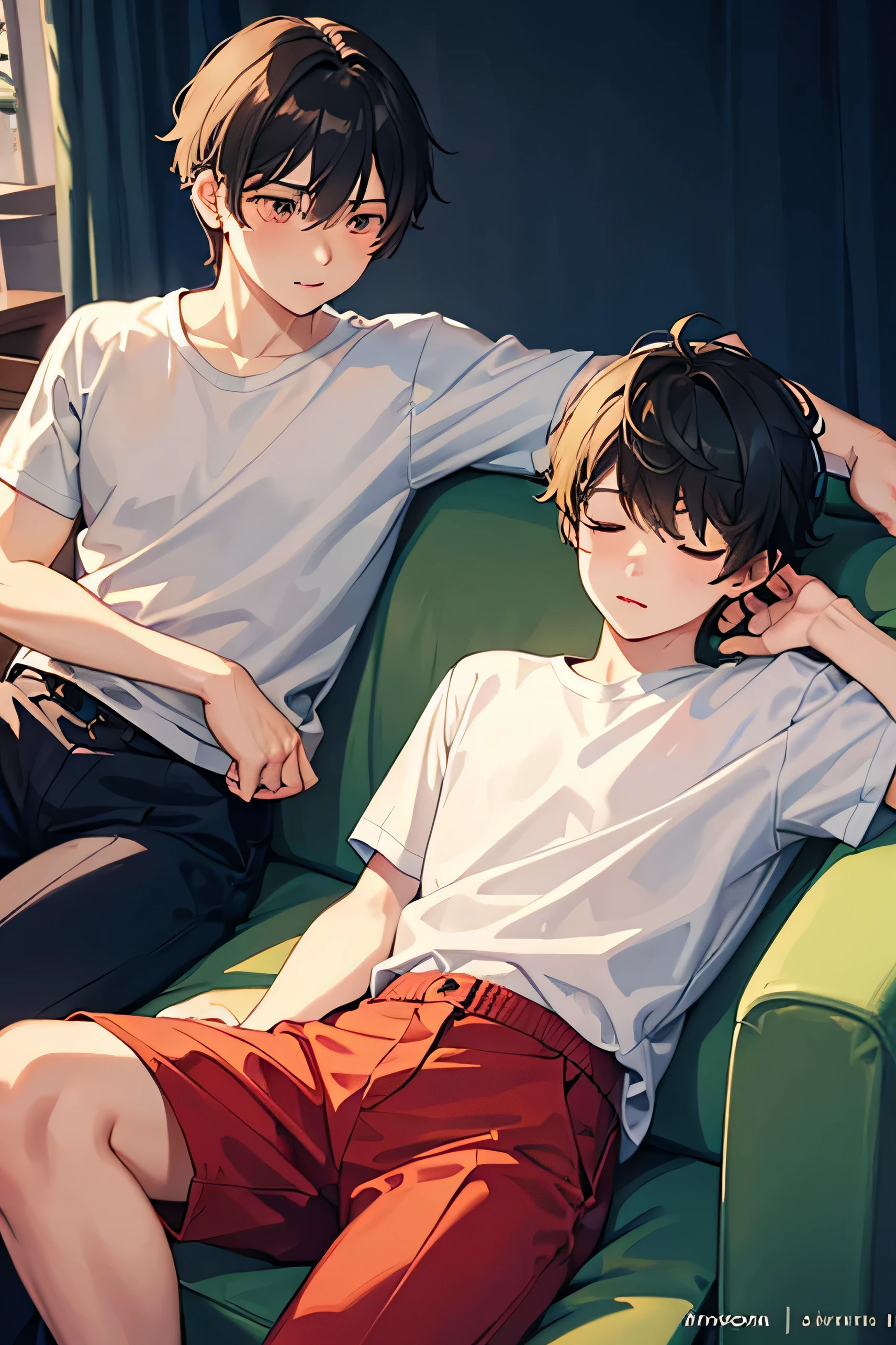 2 boys, sleeping, on sofa, sitting position, the other boy's head is on the other boy's shoulder