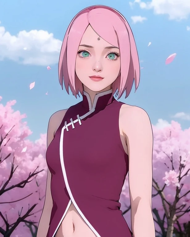 young woman, short shoulder-length pink hair, wide forehead, porcelain skin, pink eyebrows, big emerald green eyes, buttoned nose, full lips, heart-shaped face, slender body, small breasts, red tank top, Sakura Haruno , realistic, realism, details, 3d, well detailed
