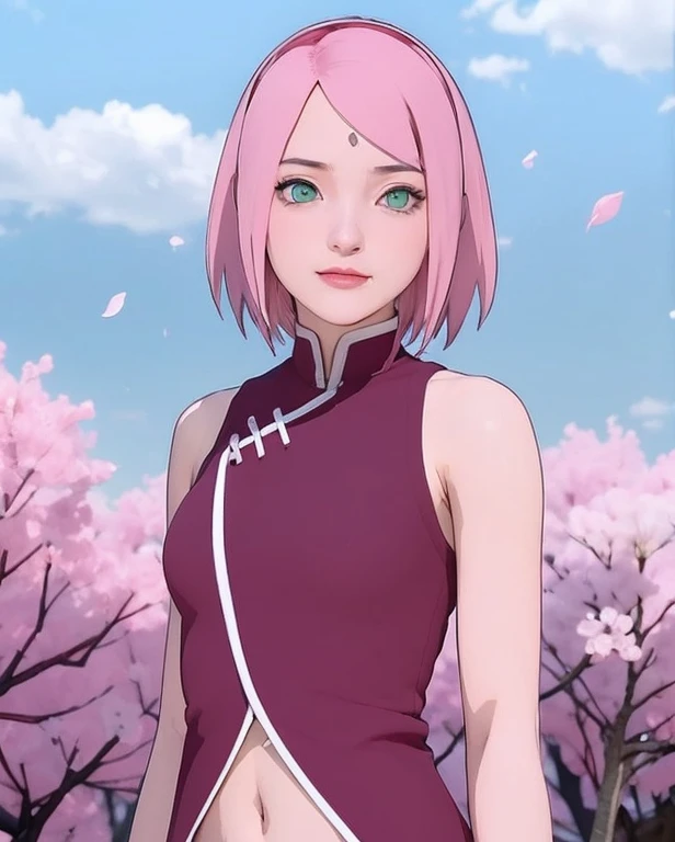 young woman, short shoulder-length pink hair, wide forehead, porcelain skin, pink eyebrows, big emerald green eyes, buttoned nose, full lips, heart-shaped face, slender body, small breasts, red tank top, Sakura Haruno , realistic, realism, details, 3d, well detailed