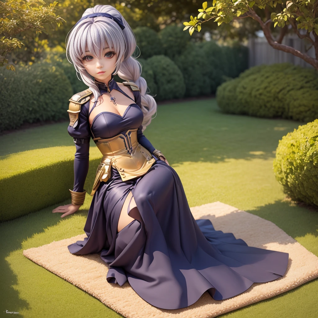 (masterpiece),(best quality),(ultra-detailed), (full body:1.2), cute, cubby, ponytail, full body, chibi,pvc, best quality, 1girl, solo, dark armored dress, dark sword,dark gauntlets, (sitting on carpet), (in garden), hair between eyes, black dress, breastplate, black armor, bangs, french braid, parted lips, puffy sleeves, long sleeves, short hair,( (beautiful detailed face), (beautiful detailed eyes) (Teletha Testarossa Full Metal Panic)