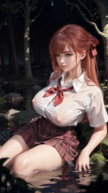 (in the dark:1.6) , wet and sweaty , Nipples can be seen through , rain , Soak in water , in an forest