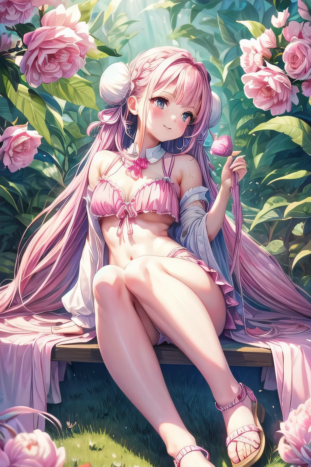 High resolution, highest quality, super high quality, Ultra-detailed, Cinematic lighting、Chiquita、Small breasts、pink ruffle bikini、Sandals、With pink dolphins、Laughter、masterpiece, {Detailed and beautiful eyes}, finely, Detailed and beautiful eyes,1 Girl, (alone:1.5), (Hair Ribbon:0.4), Pink Eyes,Cinematic Angles,perspective,(((White bun hair))),Pink long hair,