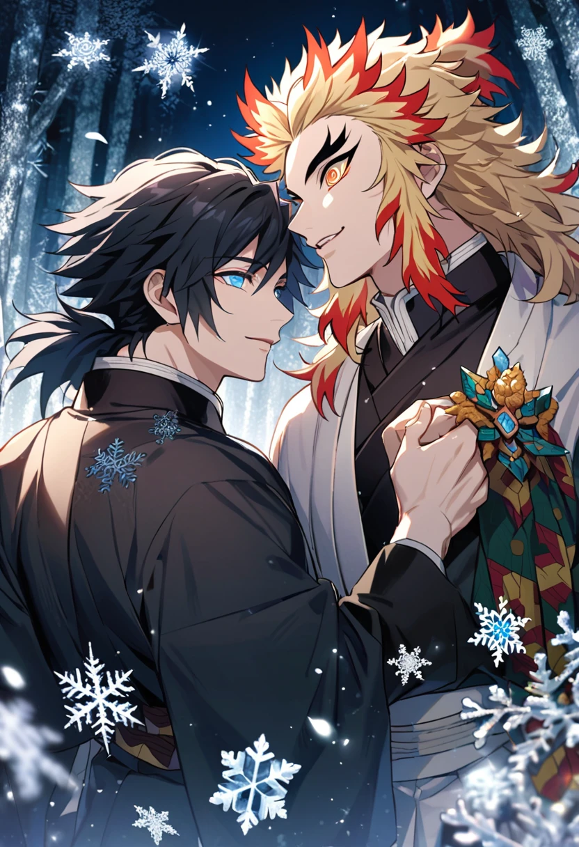 Gojou Satoru, white hair with bangs, Rengoku Kyojuro, blond hair, golden eyes, Tomioka Giyuu, black hair, blue eyes, Kimetsu No Yaiba, ice forest, snowflakes, petals and flowers, two man together, gay couple, handsome, fantasy clothes,