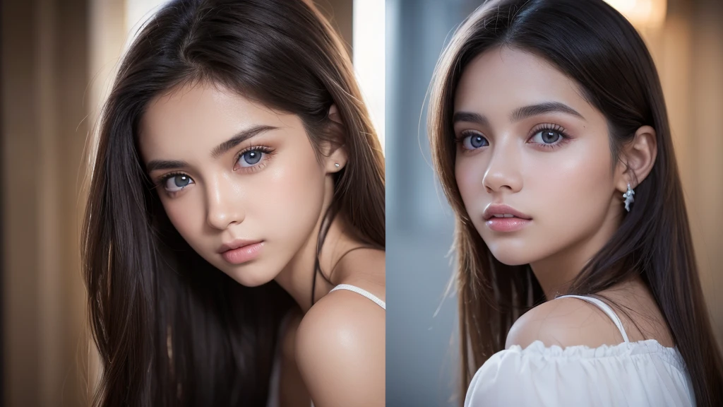 belleza incomparable, Piel brillante, firme y brillante., golpes entre los ojos, hermosa brillante, pelo liso rubio platino, super long hair, liso y sedoso, delineador de ojos, A very pretty and innocent 15 year old girl., Big beautiful high definition light blue eyes., hermosa y agradable chica, ((hermosa chica、Ultra high resolution、Lighting is brilliant、Manos precisas sin ninguna molestia))、small face beauty、Piel joven muy blanca y hermosa.、Cara redonda