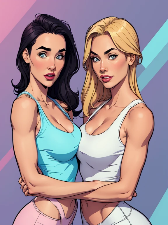 Jennifer Connelly/
Yvonne Strahovski style Cartoon style digital illustration colorful background diverse attractive woman sesy beautiful breasts and clothes in white tank top in symmetrical, Female girlfriends pose beautiful breasts in Cartoon style digital illustration Jennifer Connelly 