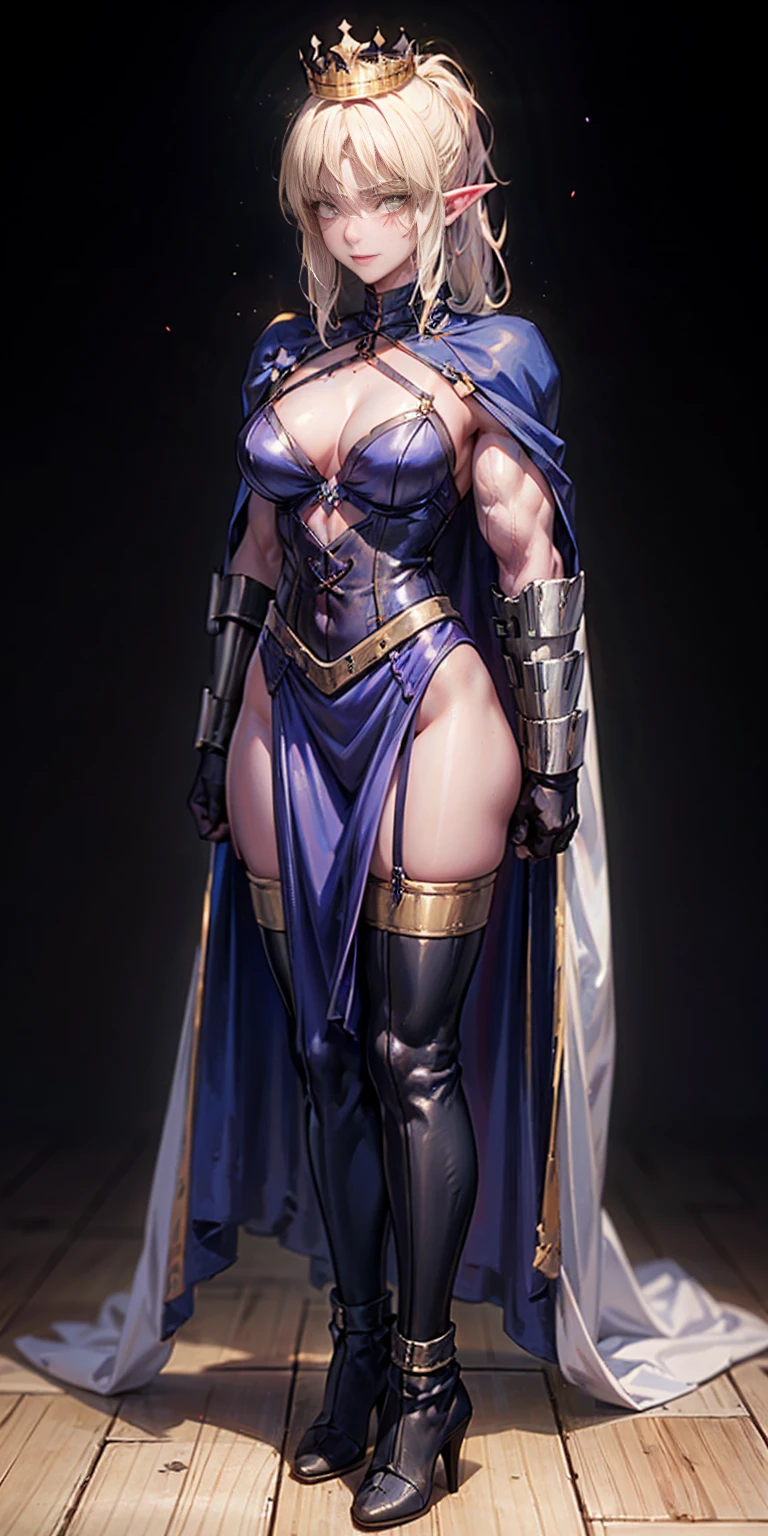 extremely long hair, ponytail, perfect anatomy 1 girl tall solo, slim thick, ((muscular)) high elf toned body, silver breast plate, blue cape, slender abs, hourglass waist, detailed face, defined cheekbones, puffy lips, gauntlets, gold crown, shadow over eyes, looking at viewer, masterpiece, white thigh highs lingerie, lustful smirking smile face red blushed red cheeks, 2 high heels feet together, full body bondage latex girl (black background) standing by wooden pole bondage, shibari, bondage, bdsm, rope, gag, ball_gag, phSaber, phAltoria, phAlter