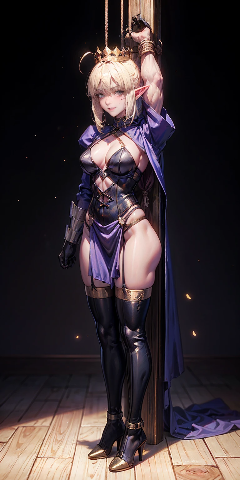 extremely long hair, ponytail, perfect anatomy 1 girl tall solo, slim thick, ((muscular)) high elf toned body, silver breast plate, blue cape, slender abs, hourglass waist, detailed face, defined cheekbones, puffy lips, gauntlets, gold crown, shadow over eyes, looking at viewer, masterpiece, white thigh highs lingerie, lustful smirking smile face red blushed red cheeks, 2 high heels feet together, full body bondage latex girl (black background) standing by wooden pole bondage, shibari, bondage, bdsm, rope, gag, ball_gag, phSaber, phAltoria, phAlter