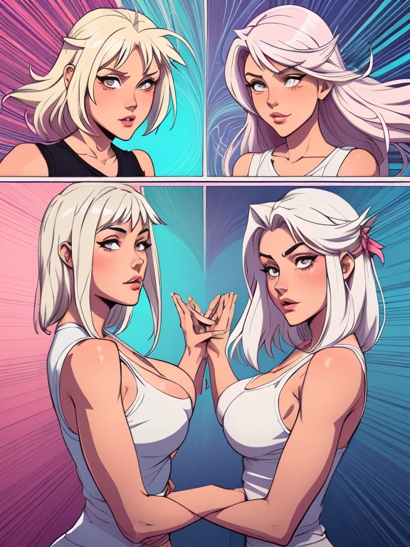 Angelica - Fate/Kaleid Liner Prisma Illya style Cartoon style digital illustration colorful background diverse attractive woman sesy beautiful breasts and clothes white tank top in symmetrical hands with five female human fingers beautiful breasts in Cartoon style digital illustration