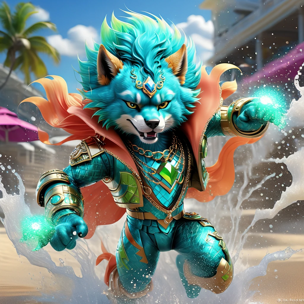 Imaginative illustration of a furry character, boasting tropical themed colours. This anthropomorphic figure is inspired by the concept of sparkledogs – vibrant, flamboyant, and riddled with dazzling accessories. They stand prominently with an expressive face, their luxurious fur shimmering and soaking up the warmth of an unseen sunshine. They are colored with splashes of neon green, intense turquoise, and bright coral, embodying the vibrant energy of a tropical paradise. Small glitter-like sparkles are scattered across their fur, hinting at the sparkle from the sun reflecting off the ocean's waves. Their paws gently hold a fresh coconut, further reinforcing the tropical theme.