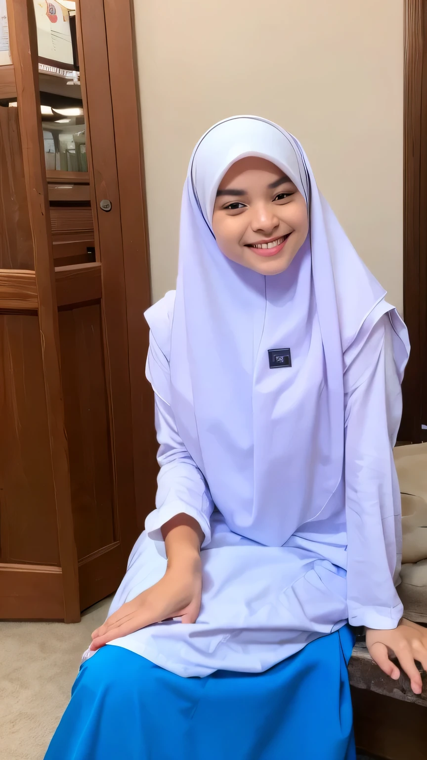 1 teen girl, (very large breasts,full body:1.2), very cute baby face, (white dress), ((wearing hijab)), ((blue skirt)), long sleeve, teenager, looking at the camera, very sexy, elegant, soft cloth, satin fabric, very beautiful girl, very pretty girl, blushing, flawless, SMILE, curvy, very big breasts, upright chest, slim body, holding a pig, hug a pig, a pig aside