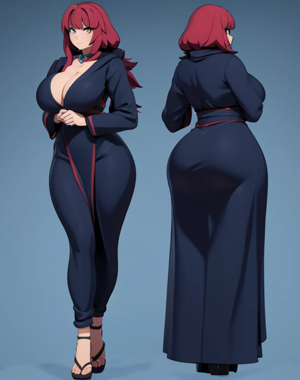 Anime woman, full body, front and back, curvy, big breasts, thick thighs, big ass, wide hips, 3d rendering, cultist outfit, dark mage, long robe