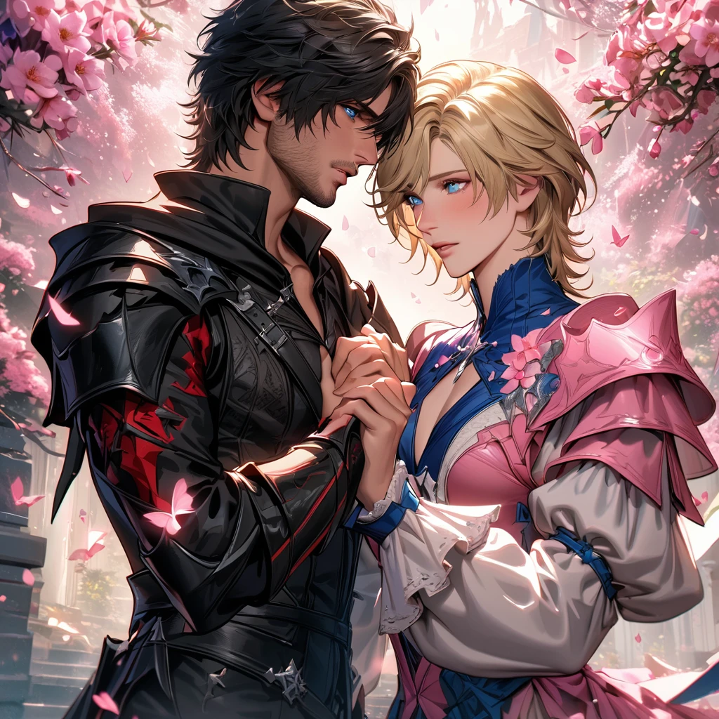 absurdres, highres, ultra detailed, HDR, master piece, best quality, Clive Rosfield, black hair, expressive blue eyes, Final Fantasy XVI, Joshua Rosfield, blond hair, expressive blue eyes, 2men together, gay couple, handsome, pink petals, pink butterflies, pink flowers, pink butterflies, blossoms