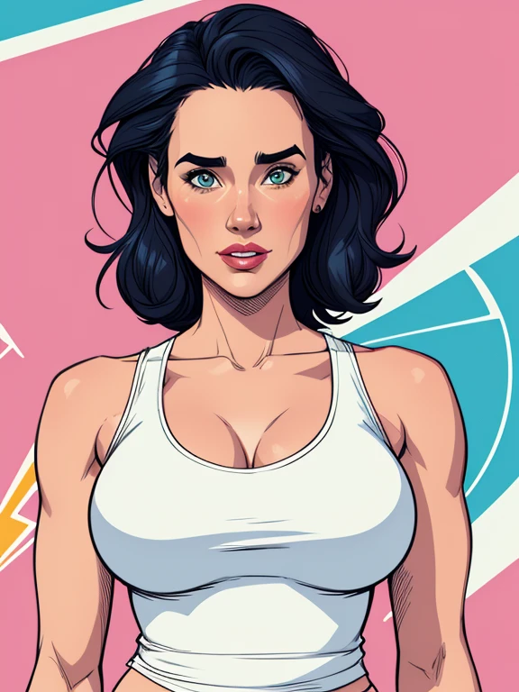 Jennifer Connelly/Yvonne Strahovski style Cartoon style digital illustration colorful background diverse attractive woman sesy beautiful breasts and clothes in white tank top in symmetrical, Female girlfriends pose with beautiful breasts in Cartoon style digital illustration