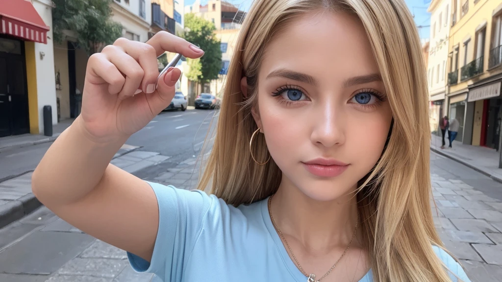 (autofoto, vista superior: 1.4), (recta llena del cuerpo: 1.4), RAW UHD selfie photo of a 24 year old blonde (mujer de ojos azules) walking down a bright alley, pechos grandes, city at day,detalles (texturas! , cabello! , Brillantina, color!! , desventajas: 1.1), ojos brillantes con mucho detalle (Looking to the camera) profundidad de campo, grano de iphone (centro), Claro como el cristal, frame centro, Hermoso rostro, sharp focus, bokeh (dimly lit), day, (cielo azul), poros de la piel detallados, piel grasosa, Bronceado, complex eye detalles, cuerpo completo, pechos grandes, autofoto mod, profesional, Camisa blanca, cuerpo completo, say “shh” with your finger