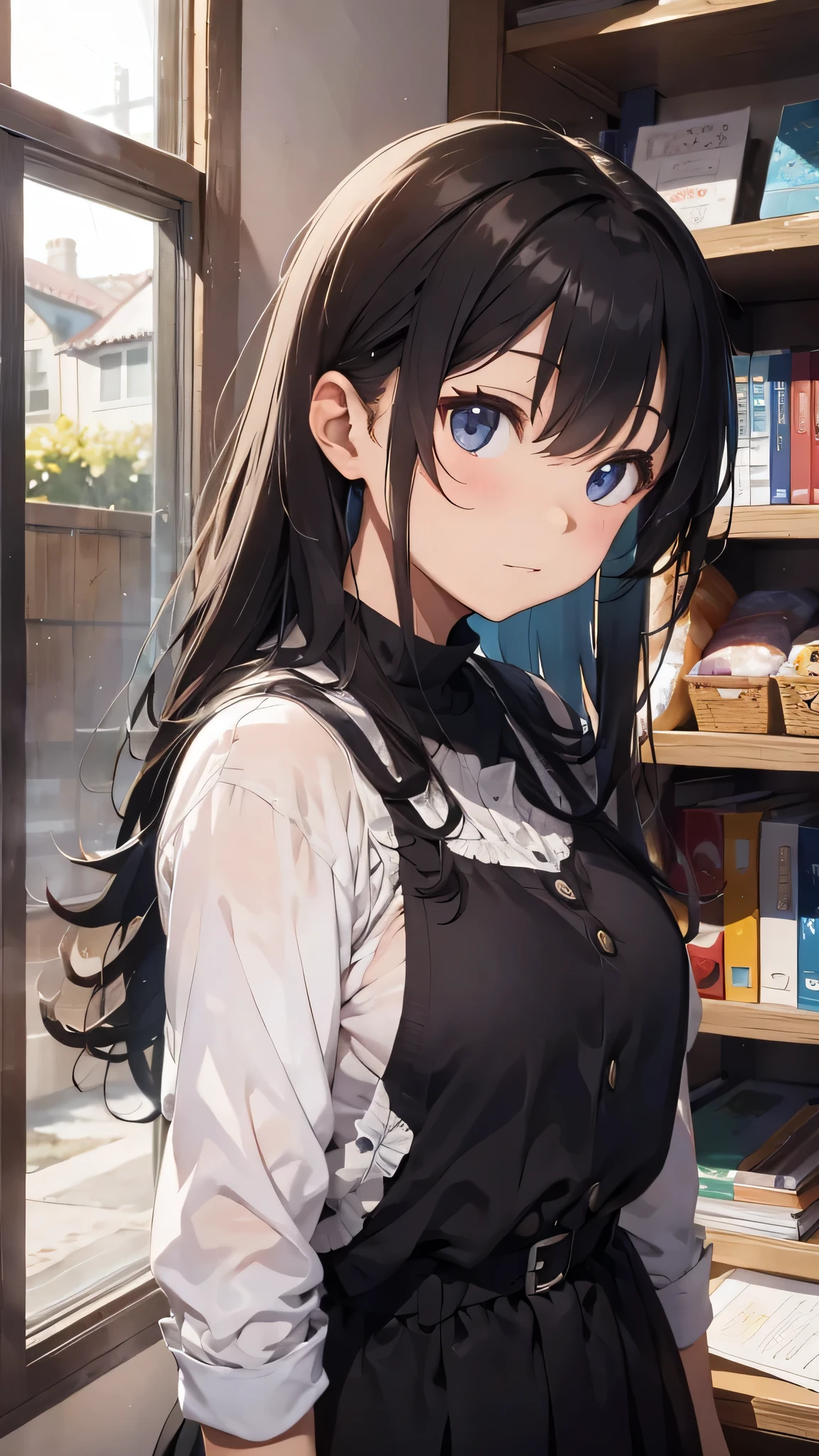 最high quality、best image quality、masterpiece、teenage girl((18-year-old、 By becoming、vest bust、medium bust,wide open breast tea、black eye, gray hair、long hair、thin,highest valley、Black Y-shirt、Black Recruit Suit)),high quality、beautiful art、background((office))debris flies、Depth of written boundary、movie、visual art、perfect art、8K,genuine