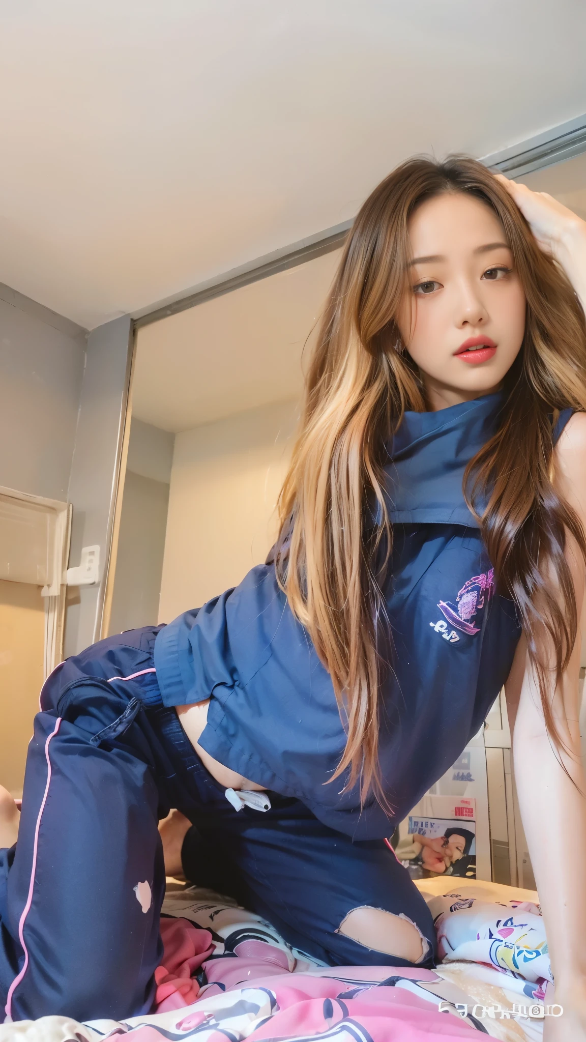 Songkran, wet street , A very realistic girl, wet soaked, drop, wet clothes, wet skin, wet hair, 8k, Masterpiece, realistic, beautiful,purple efficiency,Navy trousers,wet:1.5,dirty white powder