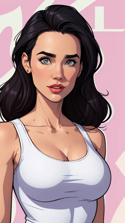 Jennifer Connelly/Yvonne Strahovski style Cartoon style digital illustration colorful background diverse attractive woman sesy beautiful breasts and clothes in white tank top in symmetrical, Female girlfriends pose with beautiful breasts in Cartoon style digital illustration