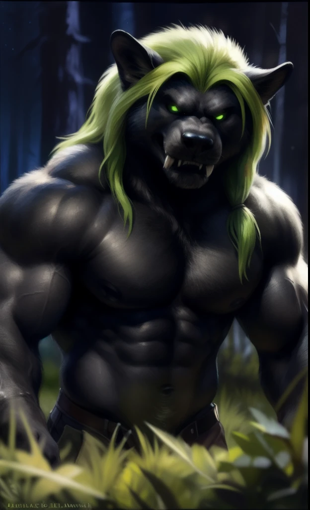 (((feline canine monster))), (((long snout))), ((very long horizontal ears)), (((fangs))), protrait, ((full body portrait)), anthro, (((deep black fur))), black greenish vest, ((open black vest)), (((very very long long green hair))), (((green eyes))), (((black sclera))), bodybuilder body, huge muscles, hyper muscles, male, solo, adult, abs, big pecs, big muscles, looking at viewer, detailed face, beautiful eyes, muscular chest, muscular, (((furious evil face))), beefy, night forest background, looking at viewer, by bruteandbrawn, by personalami, by kenket, (intricate, high detail, film photography, soft focus, RAW candid cinema, photorealism, realistic, photorealistic, analog style, subsurface scattering, masterpiece, best quality, ultra realistic, 8k)