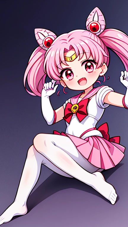 Sailor Moon,young年,Seven years old,cute,(Little Loli),Pink hair twintails,short hair,Sailor Suit,red bow,White elbow gloves,Red Skirt,no shoes,Open your mouth,laughing out loud,Fangs,(White pantyhose),soles of feet,soles of feet,(young),(The body is small and delicate)