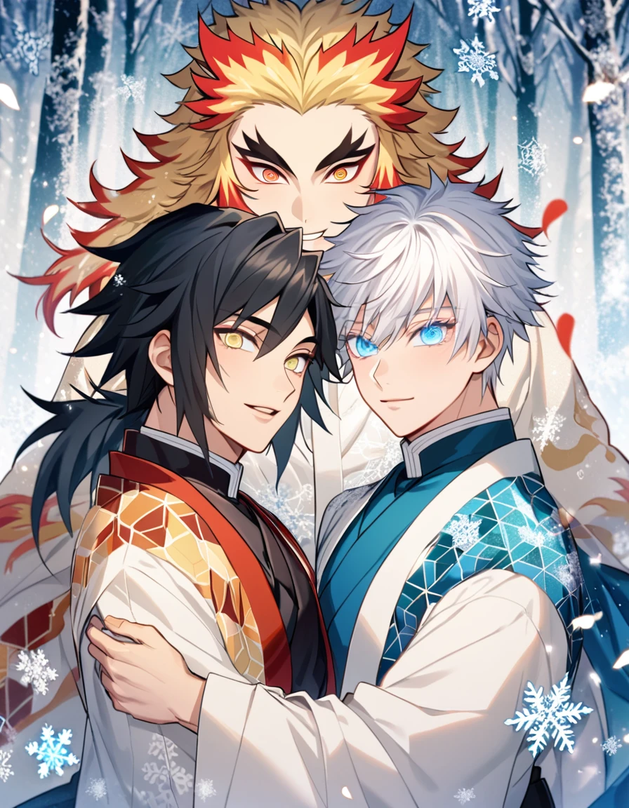 Gojou Satoru, white hair with bangs, Rengoku Kyojuro, blond hair, golden eyes, Tomioka Giyuu, black hair, blue eyes, Kimetsu No Yaiba, ice forest, snowflakes, petals and flowers, two man together, gay couple, handsome, fantasy clothes