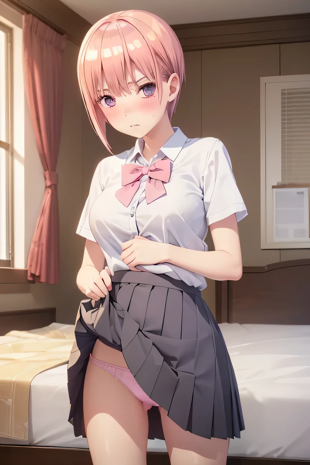 Mastepiece、masterpiece、highest quality、Super detailed、High resolution、8K Portrait、High definition CG of Unity 8k wallpaper、Cute little:1.5、:1.5、Highly detailed CG Unity 8k wallpaper、Realistic、Real person、 Portrait Photography、Shiny skin、High definition、(16 y)、(1 girl)、Beautiful clear eyes、extremely detailed description、Delicate face、Nice lips、Slim body、(thin waist)、Thin legs、(bed room:1.6)、1 Girl, Cute, Perfect Face, seriously, (blush:1.5),(pink hair short hair:1.3),(big breasts:1.3),(School uniform:1.3),((skirt lift:1.5)),(looking at view),(from front),(disapproval face:1.5),nsfw,(panty shot:1.5)