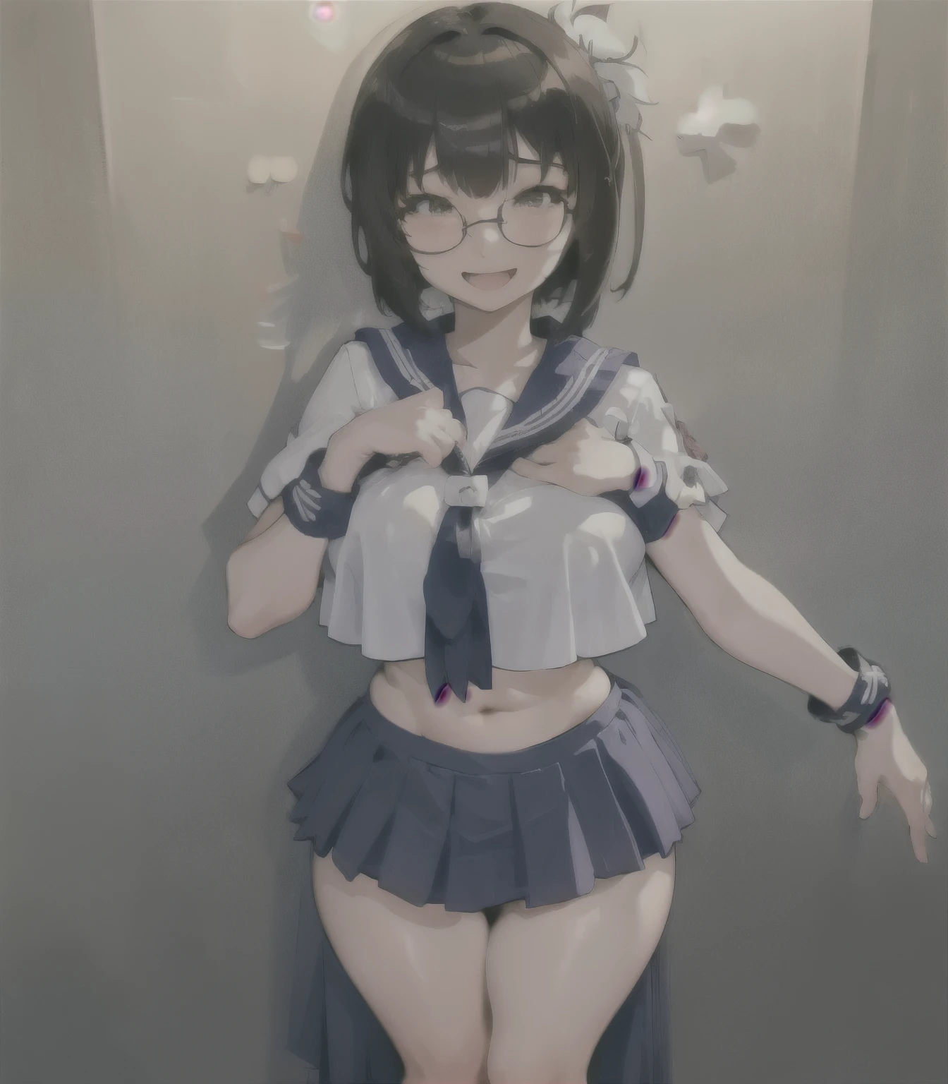 highest quality、High resolution、detailed background、cute girl、brown hair、bob cut、ponytail、(huge breasts:1.2)、perfect body line、big ass、vast sky、jump and fly in the sky、(Cheerleader、I'We're rooting for you、sexy cheer costume)、(pom pom:1.2)、White floral embroidered panties、White floral embroidered bra、emphasize the underboob、I can see the underboob、angle from below、
See here、open your mouth and smile、smile、healthy、healthy thighs、Healthy and beautiful、legs open、panty shot, glasses
