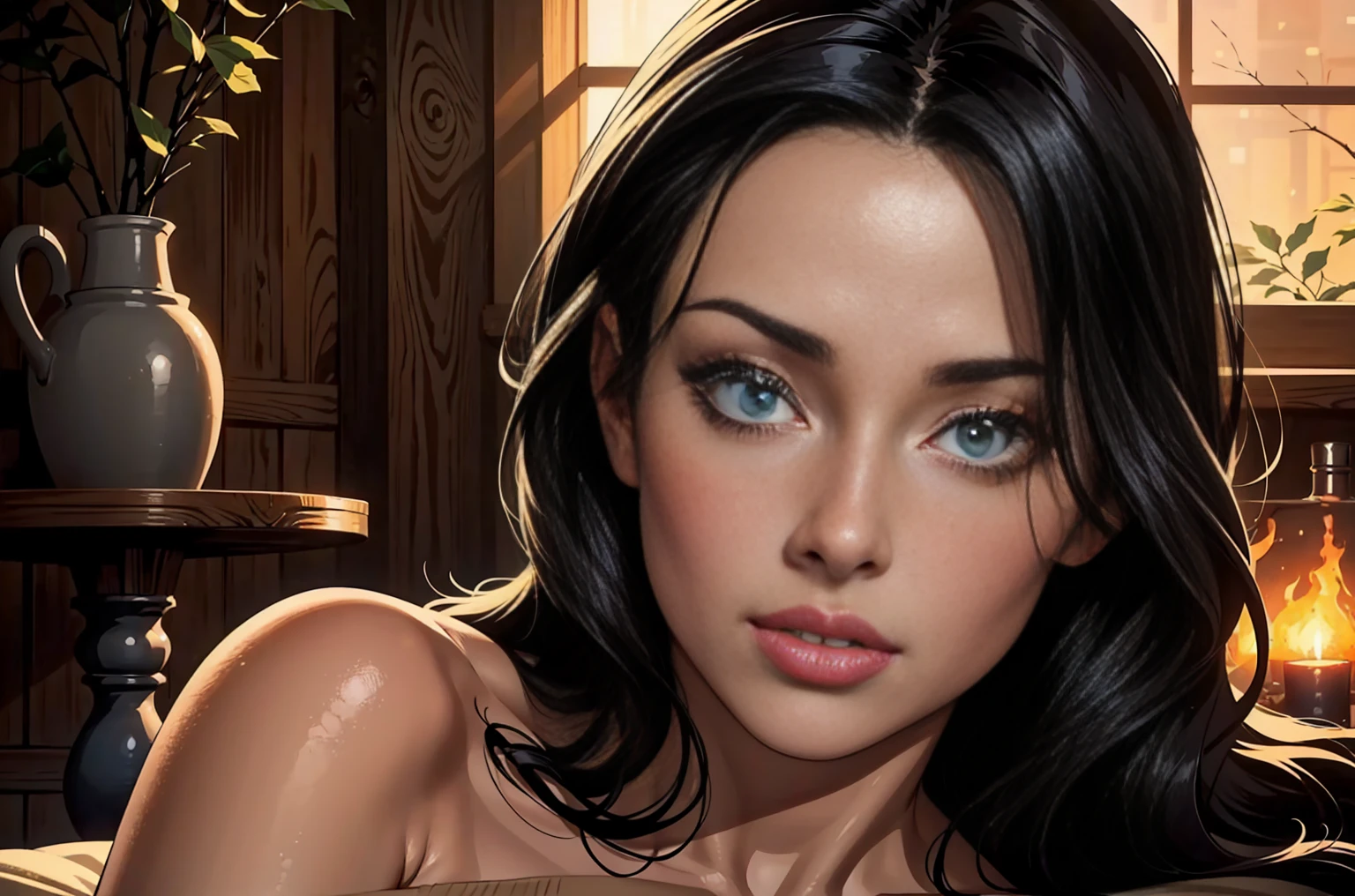 Long curled Black hair, tanned, ((violet irised eyes)), crimson lipstick, naked, small perky breasts, medieval house, forward facing camera, cleavage close up