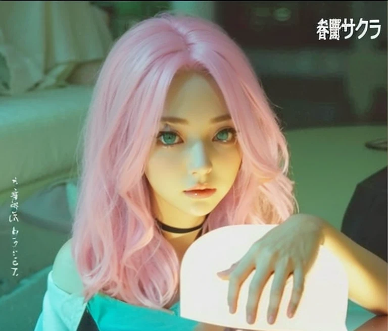 young woman, short shoulder-length pink hair, wide forehead, porcelain skin, pink eyebrows, big emerald green eyes, buttoned nose, full lips, heart-shaped face, slender body, small breasts, red tank top, Sakura Haruno , realistic, realism, details, 3d, well detailed